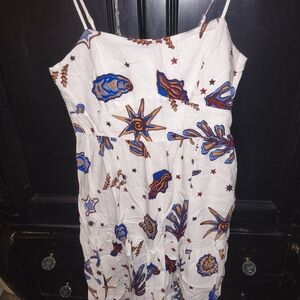 White Maxi Dress with Blue and Brown Patterns